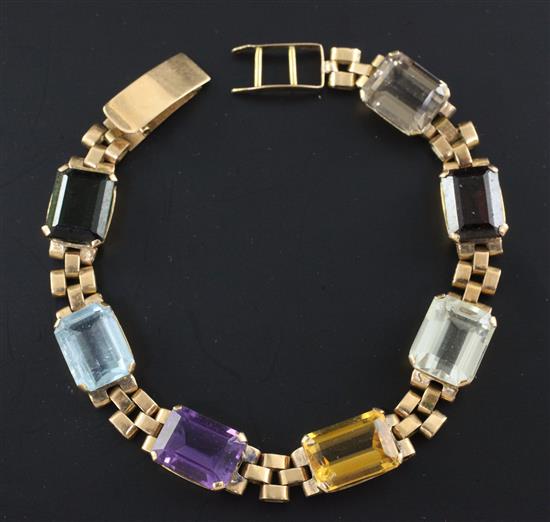 A Brazilian gold and multi gem set bracelet, 6.5in.
